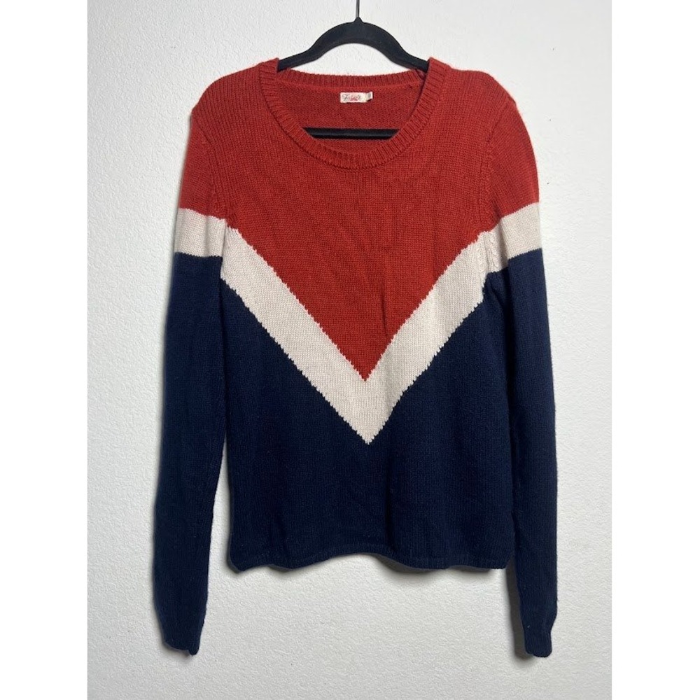 Faherty Sweater L Orange Navy Blue Womens Preppy Wool Cashmere Chevron Pullover